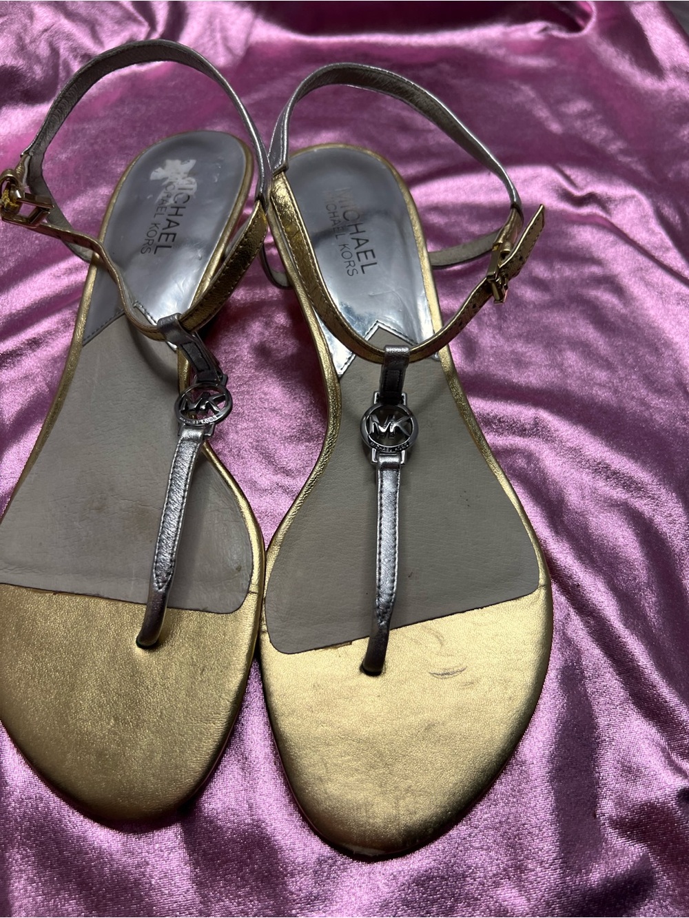 MICHAEL Michael Kors Gold and Silver T-Strap Sandals